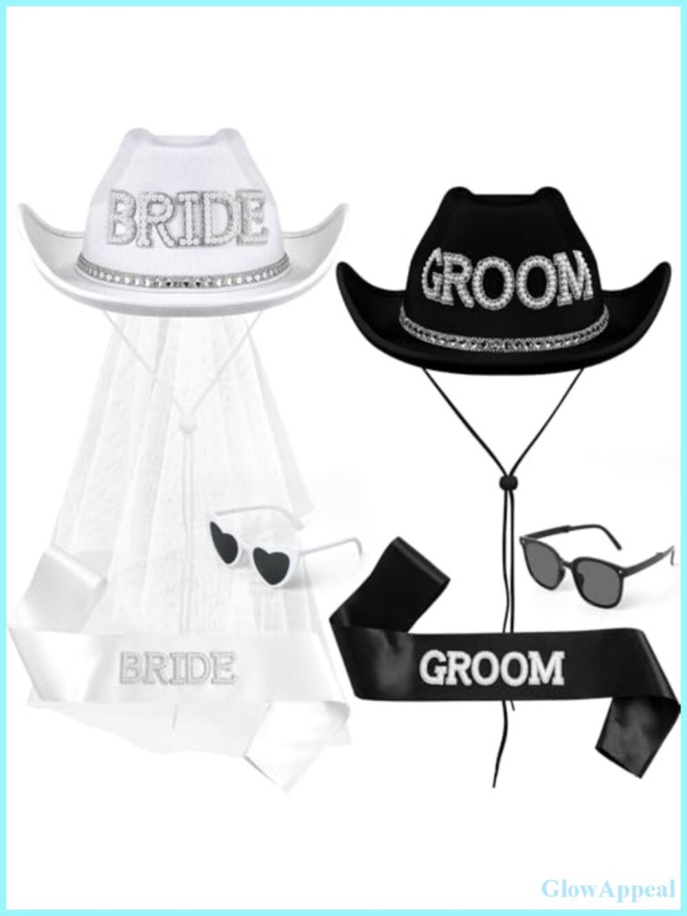 Bride & Groom Cowgirl Hat with Veil Party Set Sash Sunglasses Wedding Shower
